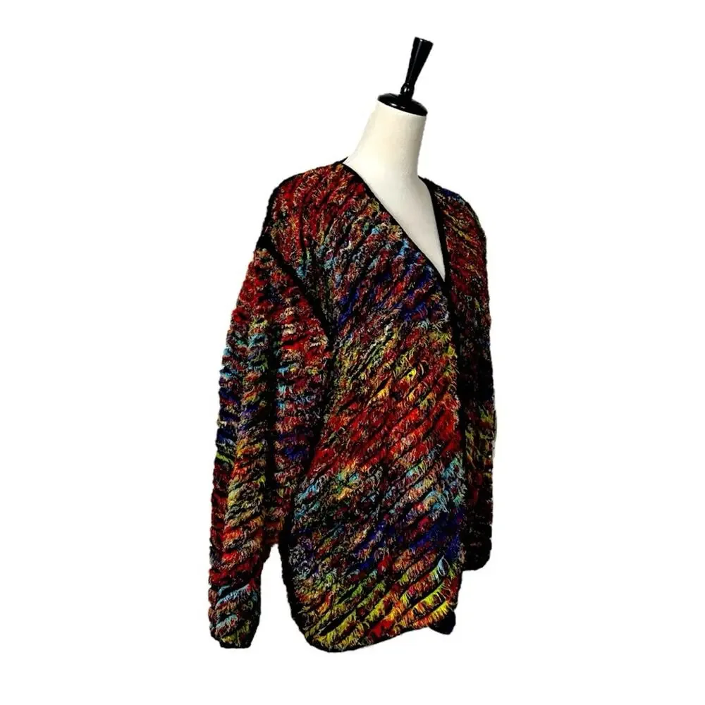 Yak Magik Sweater Cardigan Open Front Black Orange Multi Women’s Size Medium